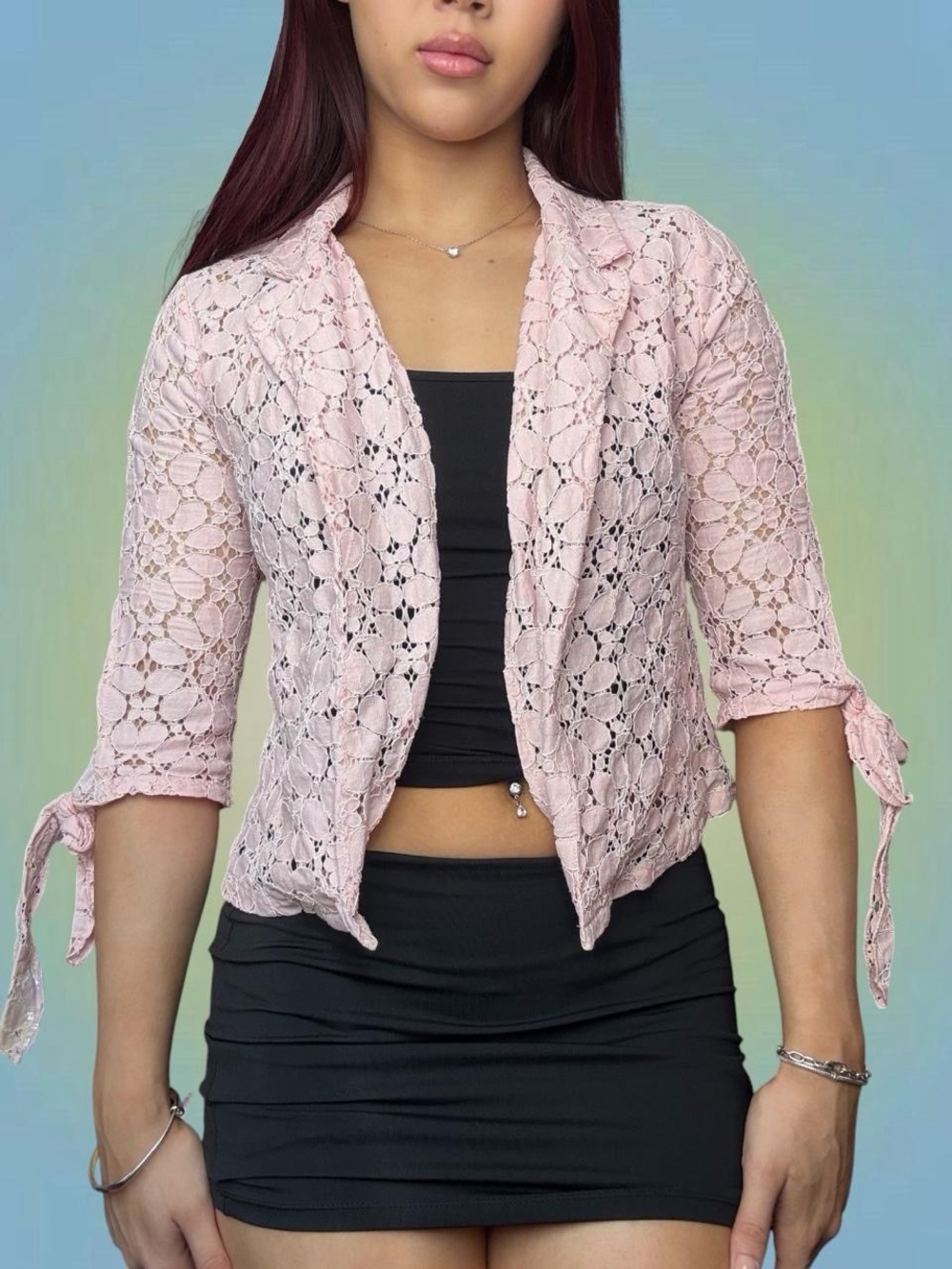 Women's Pink Lace Open-Front Cardigan Sweater